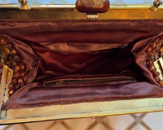 E75 - $85. Vintage 1950s Beaded Purse with Lucite Handle. Measures 13.25" x 10".