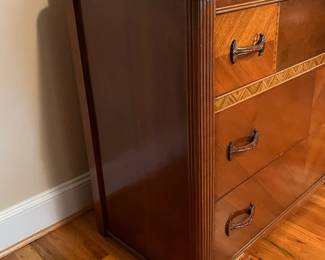 E30 - $150. Measures 43.5" wide x 20" deep x 35.5" tall. Drawers slide. There is minor veneer damage. Mirror looks original.