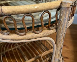 E43 - $40. Small Wicker Tea Cart. (Needs cleaned.) Measures 25" x 16.5" x 30" tall.