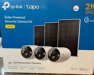 E83 - $100 EACH. TP-Link Tapo Solar-Powered Security Camera Kit. TC85 Kit. Each box has 3 cameras