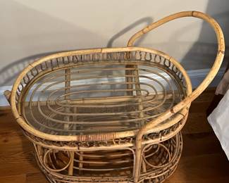 E43 - $40. Small Wicker Tea Cart. (Needs cleaned.) Measures 25" x 16.5" x 30" tall.