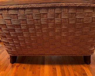 E55 - $125. Wicker & Wood Oversized Loveseat Padma's Plantation. Measures 58.5" wide x 18" floor to seat x 38" tall. Cushions have minor staining & wear.