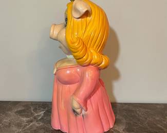 E71 - $50. 1980 A to Z Productions Miss Piggy Bank. (Hole for rubber seal was never cut out.) Measures 8.25" x 17" tall.