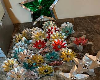 E10 - $75. Lot of Vintage Aluminum Light Tins & Tree Topper.