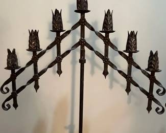 E113 - $200 PAIR of tall iron Candelabras. Adjustable Height. Measures 22.75" wide x 56" tall.
