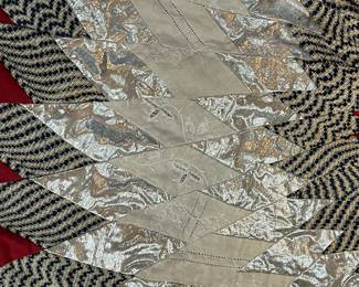 E8 - $180. Beautiful Homemade Christmas Tree Skirt made from an antique coverlets & linens. Measures 4' across.