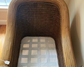 E54 - $75. Wicker & Wood Oversized Chair by Padma's Plantation. Measures 34.5" wide x 38" tall. Floor to seat 18". Cushions have minor wear/staining.