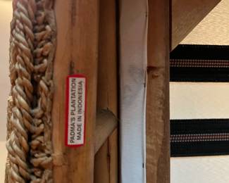 E55 - $125. Wicker & Wood Oversized Loveseat Padma's Plantation. Measures 58.5" wide x 18" floor to seat x 38" tall. Cushions have minor staining & wear.