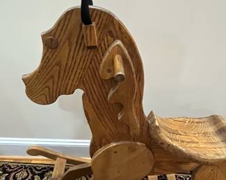 E88 - $50. Wooden Rocking Horse. BIGGER than it looks! Rockers are 45" long. Floor to top of head is 36"