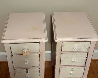E29 - $100 PAIR of matching nightstands. Each measures 14" wide x 18" deep x 30" tall. Drawers slide easily.
