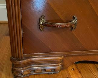 E30 - $150. Measures 43.5" wide x 20" deep x 35.5" tall. Drawers slide. There is minor veneer damage. Mirror looks original.