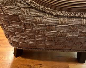 E55 - $125. Wicker & Wood Oversized Loveseat Padma's Plantation. Measures 58.5" wide x 18" floor to seat x 38" tall. Cushions have minor staining & wear.