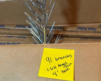 E12 - $450. Vintage Aluminum Christmas Tree by Modern Coatings -In Original Box. Measures 4' Tall. Model 1-6H Angel Pine Tree with 91 Branches included. Most look like they've never been taken out of the wrappers. Includes Christmas Tree Stand. $450. Vintage Aluminum Christmas Tree by Modern Coatings -In Original Box. Measures 4' Tall. Model 1-6H Angel Pine Tree with 91 Branches included. Most look like they've never been taken out of the wrappers.