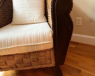 E54 - $75. Wicker & Wood Oversized Chair by Padma's Plantation. Measures 34.5" wide x 38" tall. Floor to seat 18". Cushions have minor wear/staining.