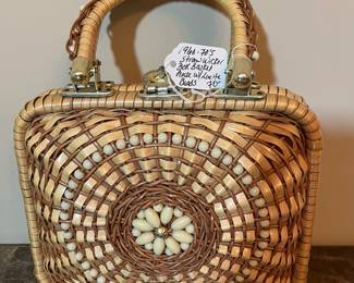 E74 - $70. 1960s/70s Straw/Wicker Box Basket Purse with Lucite Beads. Measures 9.5" x 8.5" x 3".