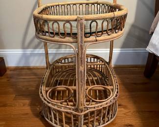 E43 - $40. Small Wicker Tea Cart. (Needs cleaned.) Measures 25" x 16.5" x 30" tall.