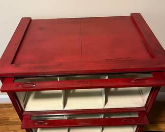 E25 - $650. Antique Cabinet. One Piece. Barrister Style Glass Doors that pull down to protect merchandise. I believe this was also from an old store. Measures 38.25" wide x 26.5" deep x 49" tall.