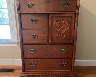 E22 - $250. Lexington Victorian Sampler Tall Chest of Drawers. One pull needs a new screw but we do have it. Measures 36" wide x 21" deep x 52.25" tall.