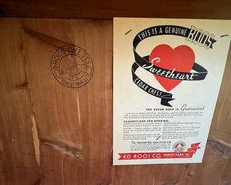 E51 - $50. Roos Cedar Chest. Measures 47" x 19" x 22.5" tall. Cedar on the inside is very nice - veneer needs some repair on the outside.