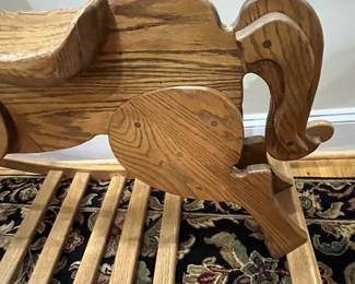 E88 - $50. Wooden Rocking Horse. BIGGER than it looks! Rockers are 45" long. Floor to top of head is 36"