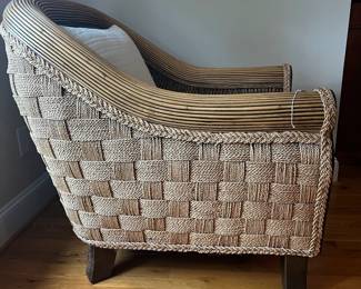 E54 - $75. Wicker & Wood Oversized Chair by Padma's Plantation. Measures 34.5" wide x 38" tall. Floor to seat 18". Cushions have minor wear/staining.