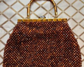 E75 - $85. Vintage 1950s Beaded Purse with Lucite Handle. Measures 13.25" x 10".