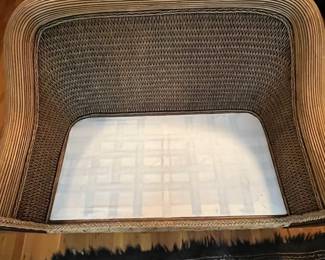 E55 - $125. Wicker & Wood Oversized Loveseat Padma's Plantation. Measures 58.5" wide x 18" floor to seat x 38" tall. Cushions have minor staining & wear.