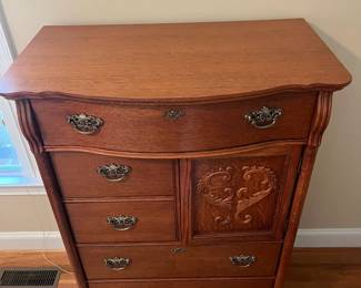 E22 - $250. Lexington Victorian Sampler Tall Chest of Drawers. One pull needs a new screw but we do have it. Measures 36" wide x 21" deep x 52.25" tall.