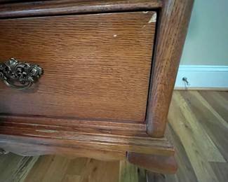 E23 - $250. Lexington Dresser with Mirror. Measures 64" x 21" x 34" tall. Mirror is 48" x 48". Pull for cabinet, bottom middle, needs a new screw.