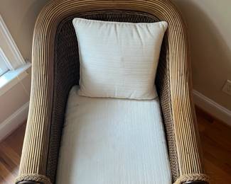 E54 - $75. Wicker & Wood Oversized Chair by Padma's Plantation. Measures 34.5" wide x 38" tall. Floor to seat 18". Cushions have minor wear/staining.