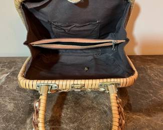 E74 - $70. 1960s/70s Straw/Wicker Box Basket Purse with Lucite Beads. Measures 9.5" x 8.5" x 3".