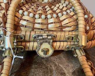 E74 - $70. 1960s/70s Straw/Wicker Box Basket Purse with Lucite Beads. Measures 9.5" x 8.5" x 3".
