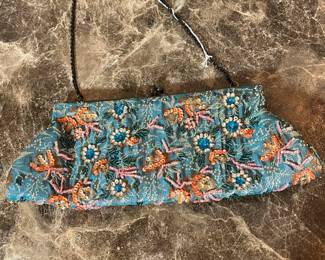 E79 - $45. Antique Hand Beaded Tapestry Silk Lined Clutch. Very good vintage condition.