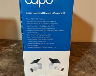 E83 - $100 EACH. TP-Link Tapo Solar-Powered Security Camera Kit. TC85 Kit. Each box has 3 cameras