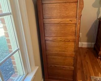 E22 - $250. Lexington Victorian Sampler Tall Chest of Drawers. One pull needs a new screw but we do have it. Measures 36" wide x 21" deep x 52.25" tall.