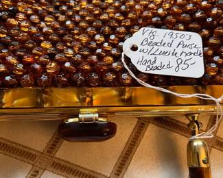 E75 - $85. Vintage 1950s Beaded Purse with Lucite Handle. Measures 13.25" x 10".