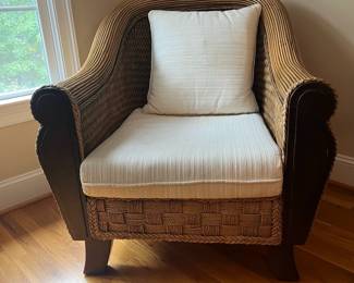 E54 - $75. Wicker & Wood Oversized Chair by Padma's Plantation. Measures 34.5" wide x 38" tall. Floor to seat 18". Cushions have minor wear/staining.