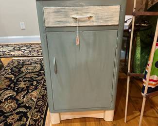 E106 - $95. Painted Enamel Shabby Chic Cabinet. Measures 20" wide x 16" deep x 36" tall.