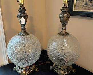 E96 - $75 PAIR of Heavy Crystal Table Lamps. No shades. Measures 25" tall.