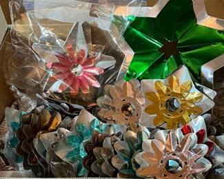 E10 - $75. Lot of Vintage Aluminum Light Tins & Tree Topper.