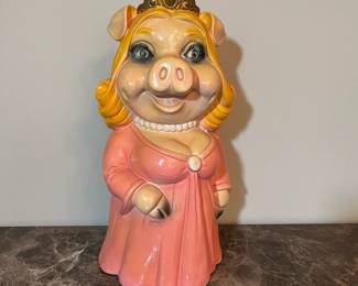 E71 - $50. 1980 A to Z Productions Miss Piggy Bank. (Hole for rubber seal was never cut out.) Measures 8.25" x 17" tall.