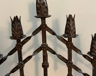 E113 - $200 PAIR of tall iron Candelabras. Adjustable Height. Measures 22.75" wide x 56" tall.