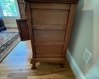 E23 - $250. Lexington Dresser with Mirror. Measures 64" x 21" x 34" tall. Mirror is 48" x 48". Pull for cabinet, bottom middle, needs a new screw.