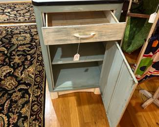 E106 - $95. Painted Enamel Shabby Chic Cabinet. Measures 20" wide x 16" deep x 36" tall.