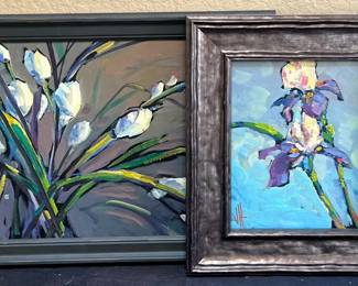2 BlueGreenPurple Floral Paintings Signed