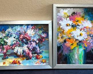 2 Messy Floral Paintings Signed