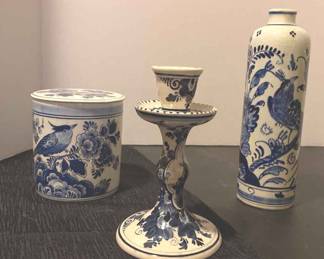 Delfts Bleau Candlestick Holder, Bud Vase Canister.webp