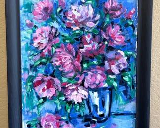 Pink Potted Flowers Signed Painting