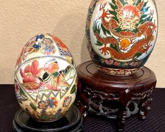 2 Porcelain Satsuma Asian Eggs Dragon, Woman, Birds