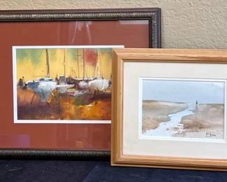 By The Beach 2 Signed Watercolor Paintings